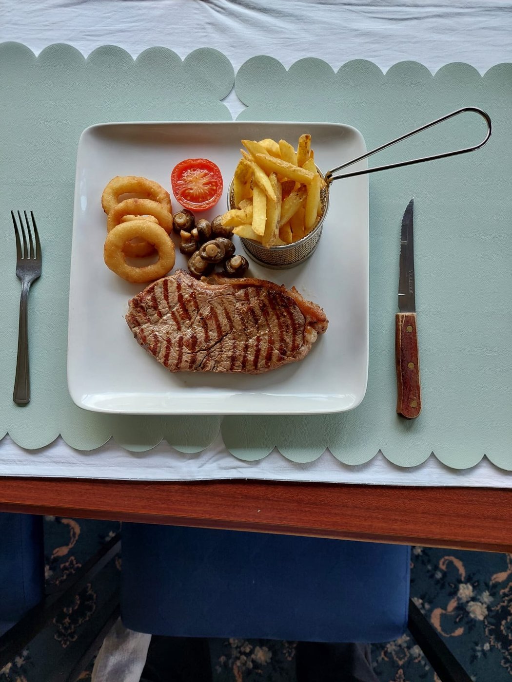 Sirloin steak with onion rings, chips, mushrooms and tomato — TMT Café Bistro, Scottish Borders